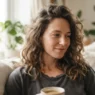 Woman with genuinely unbrushed loose waves sitting on a sofa in soft morning window light
