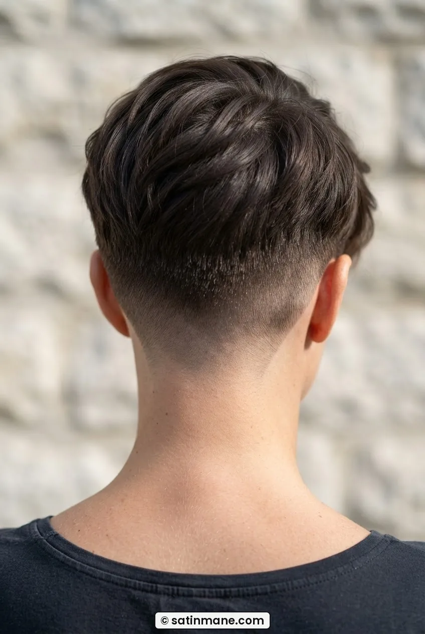 Back of woman's head showing brand-new undercut pixie with sharp shaved nape and swept top at day one