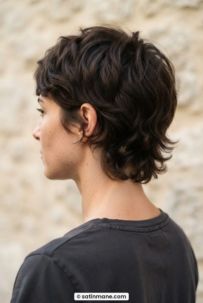 Three-quarter side-back angle showing undercut pixie grown shapeless with bunching nape and undefined sides