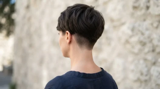 Woman with freshly cut undercut pixie showing razor-clean shaved nape against pale stone wall in open shade