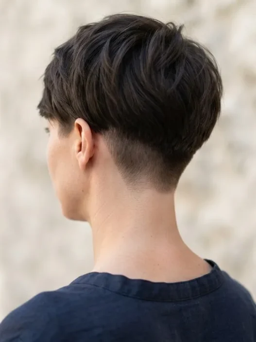 Woman with freshly cut undercut pixie showing razor-clean shaved nape against pale stone wall in open shade