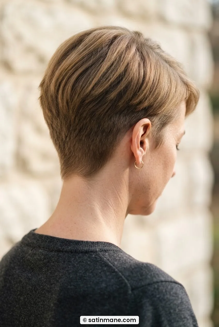 Back and side view of woman with undercut pixie at nine weeks showing soft tapered regrowth on sides