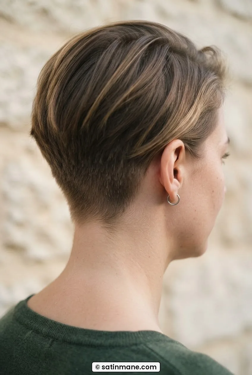 Side-back angle of woman with undercut pixie at six weeks showing soft nape fuzz and longer temple sections
