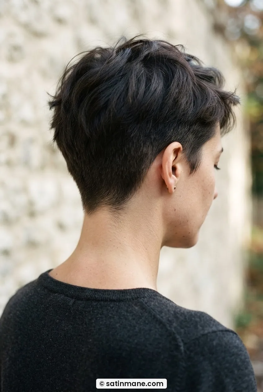 Three-quarter back view of woman with undercut pixie at three weeks showing faint nape regrowth shadow and settled top
