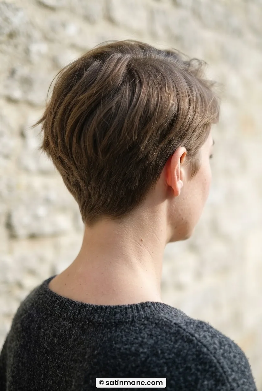 Back view of woman at twelve weeks showing undercut pixie grown into a soft rounded tapered pixie silhouette
