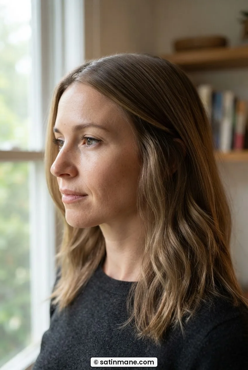 Woman with fine hair showing smooth top layer over wavier underlayers, side daylight revealing texture contrast between sections