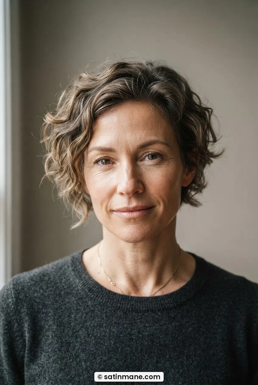 Woman with undone wavy two-inch crop grown from pixie showing diffused point-cut ends and natural wave