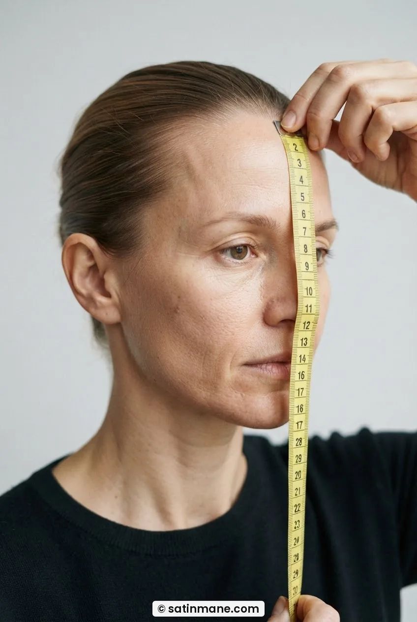 Woman holding a tape measure vertically from hairline to chin to measure face length