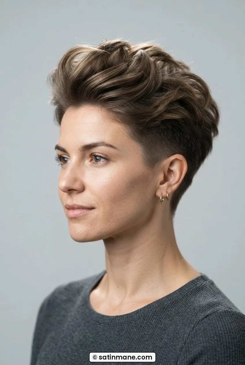 Side and front view of woman with volume-lifted pixie cut for fine hair, crown full, sides clipped close