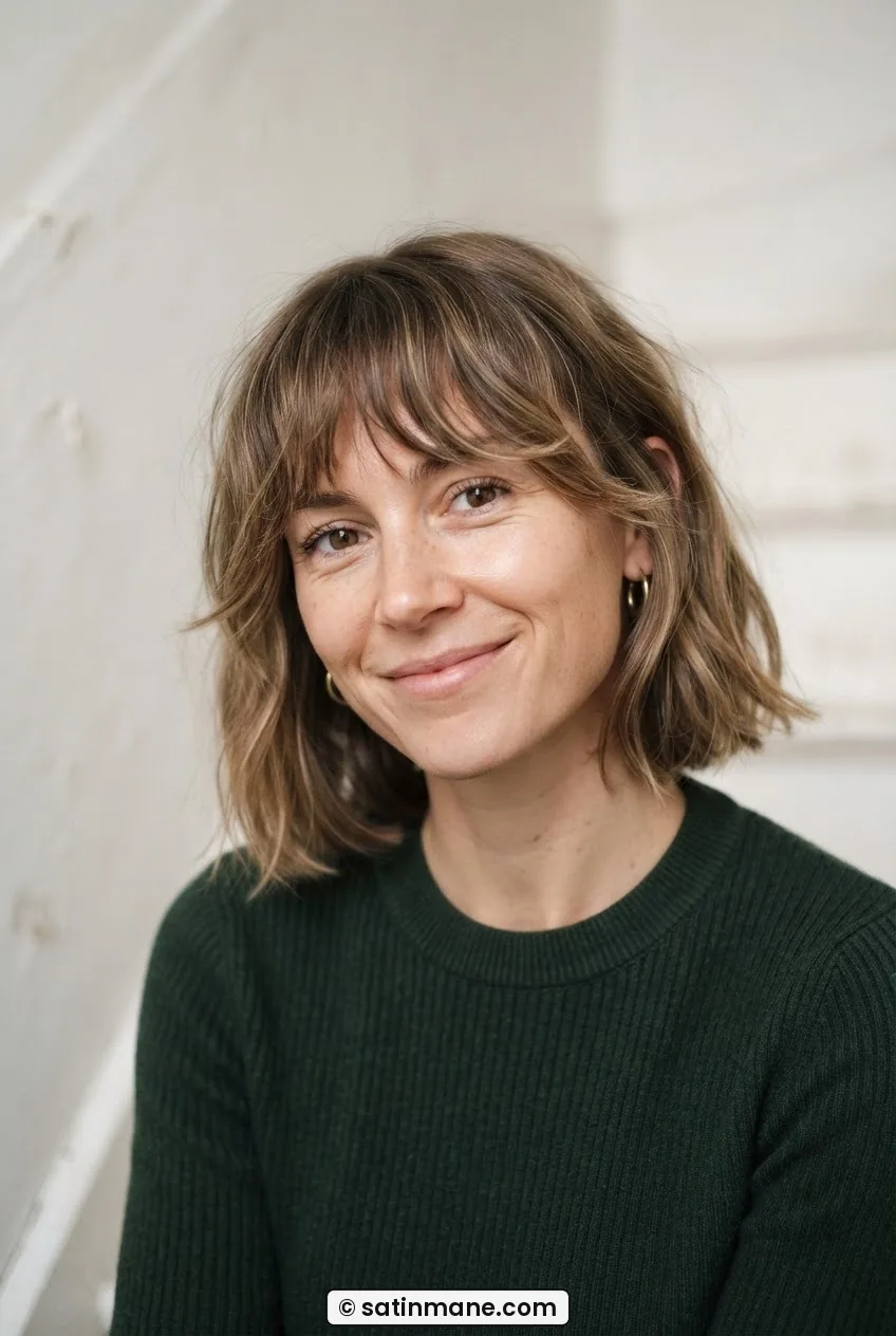 Close-up of woman with lightly waved growing-out fringe blending into a bob, natural texture and weight of front sections visible