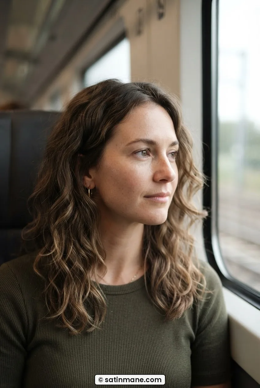 Woman with a wavy air-dried mid-length shag, textured curl-friendly layers lit by diffuse window light in a train seat