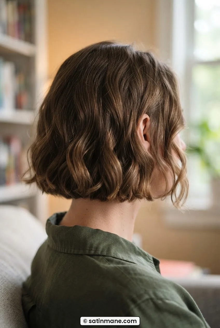 Back and side view of a jaw-length wavy bob showing individual wave clumps in natural daylight