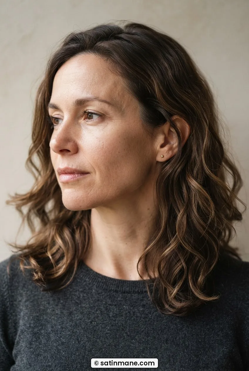Woman with medium-thick wavy brown hair at collarbone length photographed from three-quarter angle