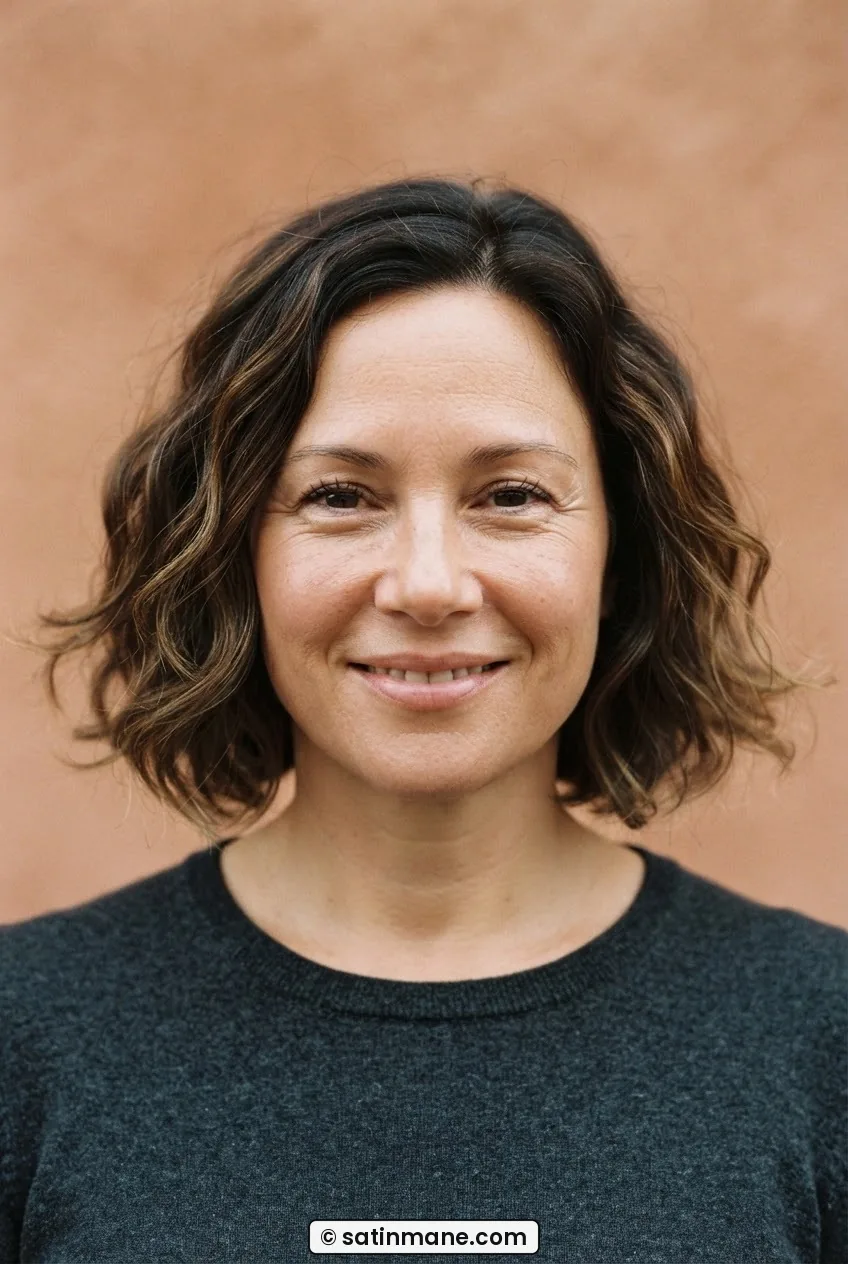 Woman with round face wearing a collarbone-length wavy bob air-dried with soft internal layers below cheekbones