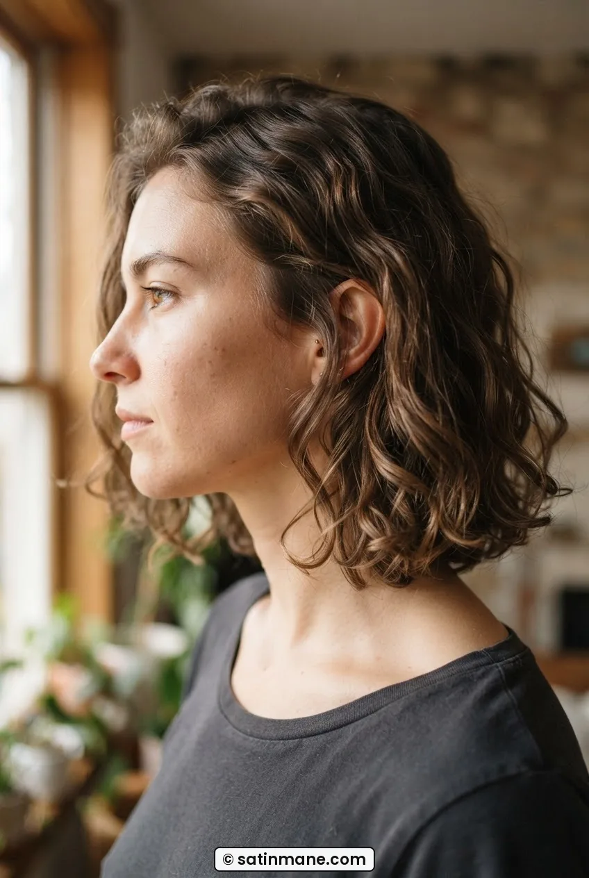 Side profile of a woman with loose 2B wavy hair falling just below the jaw in natural light