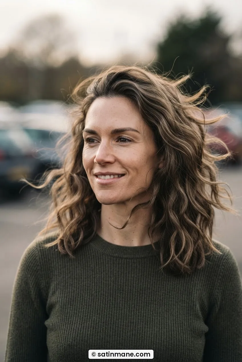Woman with square jaw and wavy collarbone-length lob standing in open car park with hair moving in wind