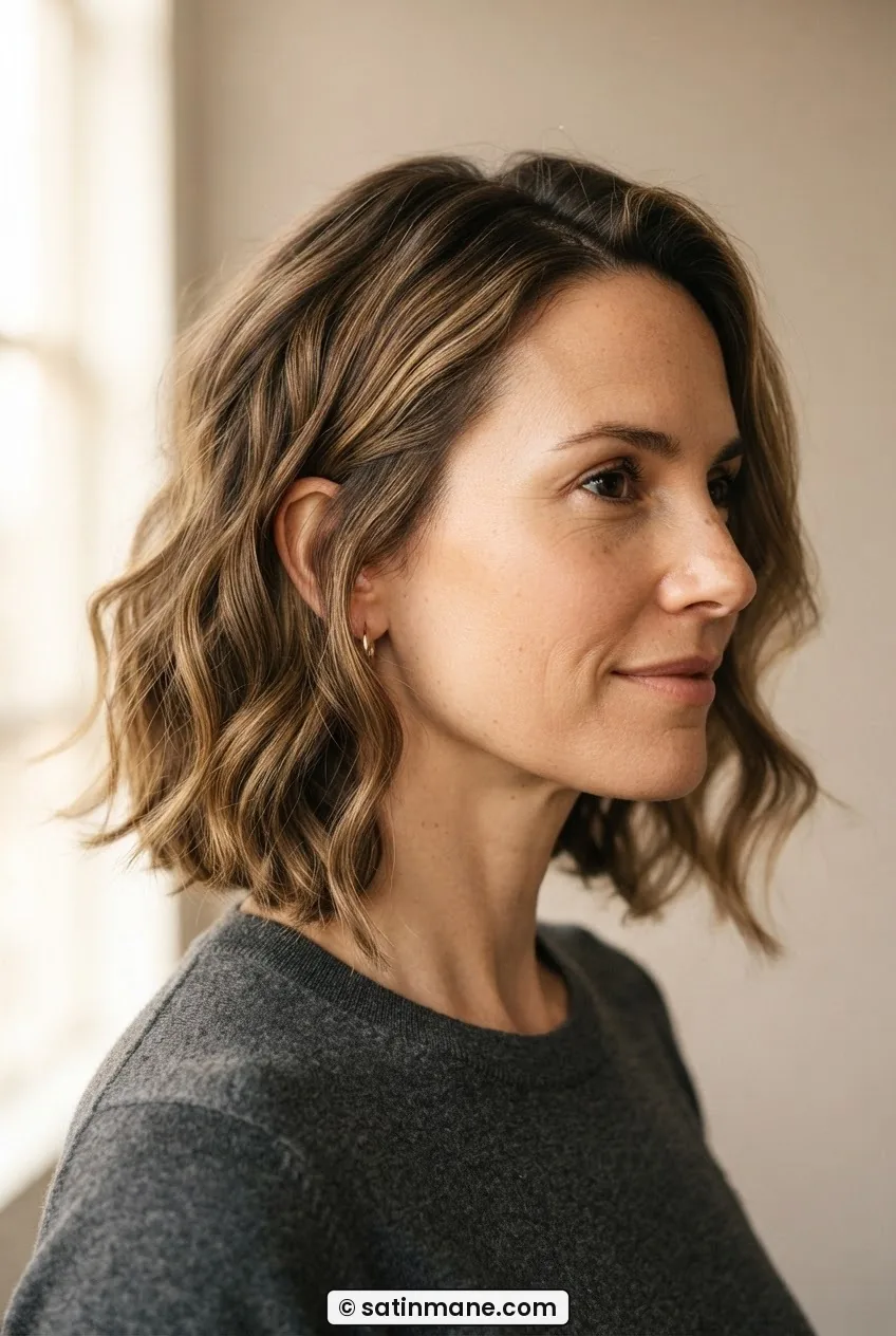 Woman with square face wearing a wavy shoulder-length cut with natural texture breaking the jaw line