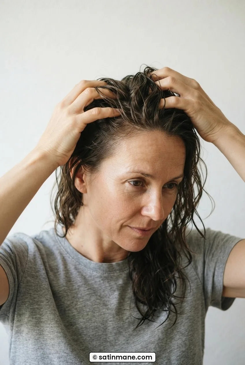 Woman pressing fingers to scalp testing natural wet parting on just-towel-dried hair