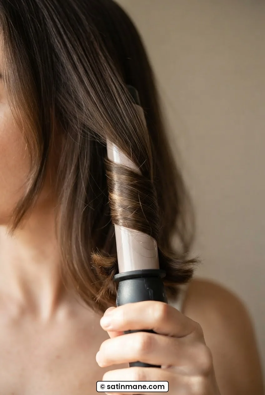 Wide-barrel wand wrapped with a loose section of mid-length hair during evening styling reset