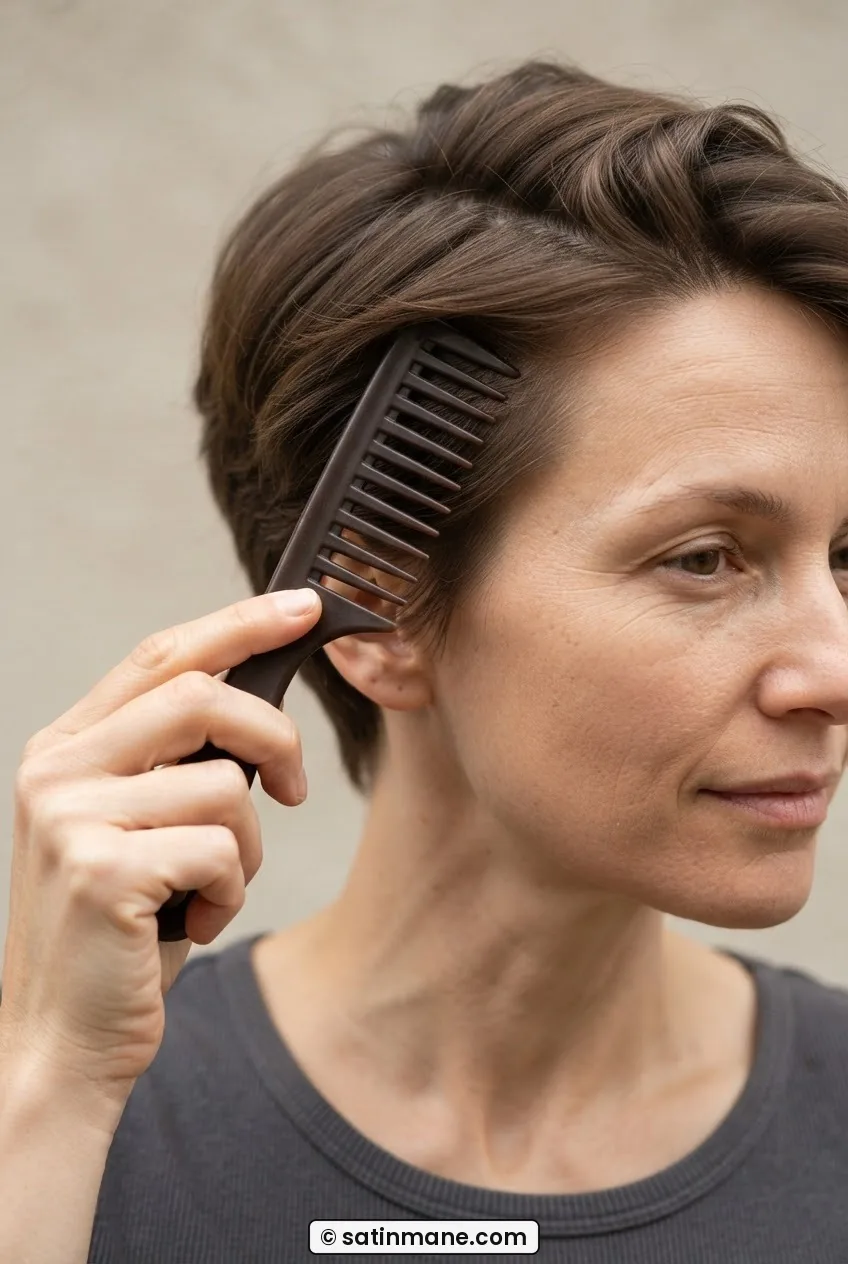 The tip of a wide-tooth comb inserted at the root of a temple section at 45 degrees, giving a single upward flick for root lift