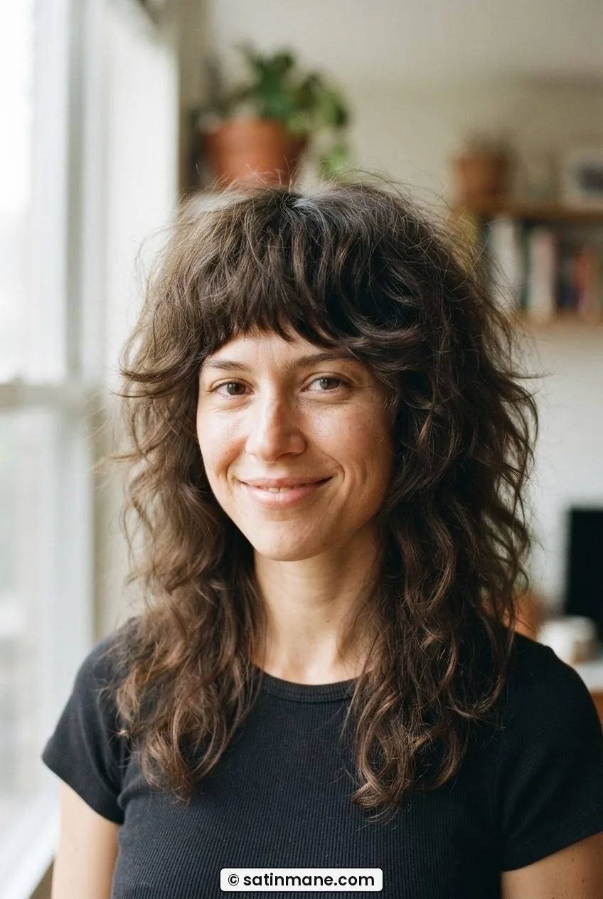 Woman with thick frizzy hair in a wolf cut showing heavy face-framing layers and textured ends