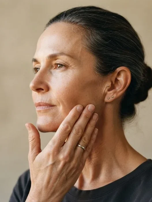 51-year-old woman with hair pulled back pressing her hand to her cheek assessing jaw and face shape in natural light