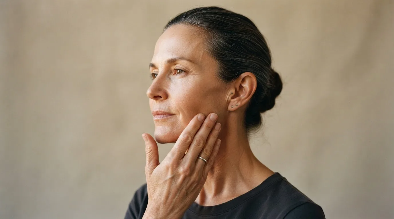 51-year-old woman with hair pulled back pressing her hand to her cheek assessing jaw and face shape in natural light