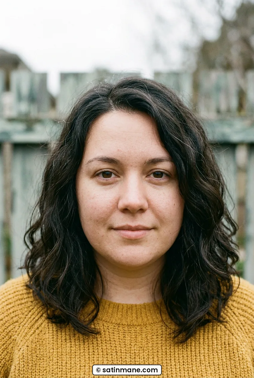 Woman with air-dried medium wavy hair parted off center at collarbone length