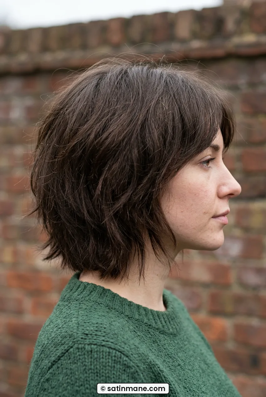 Woman in side profile with mid-neck shaggy bob with choppy textured ends