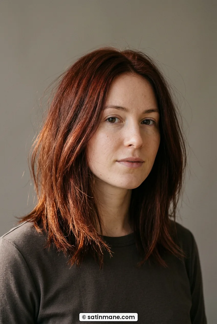 Woman with airy long bob with wispy ends skimming the collarbone