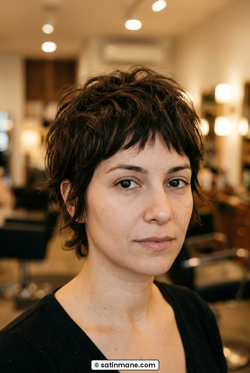 Woman with thick short textured crop with airy separated pieces in salon light