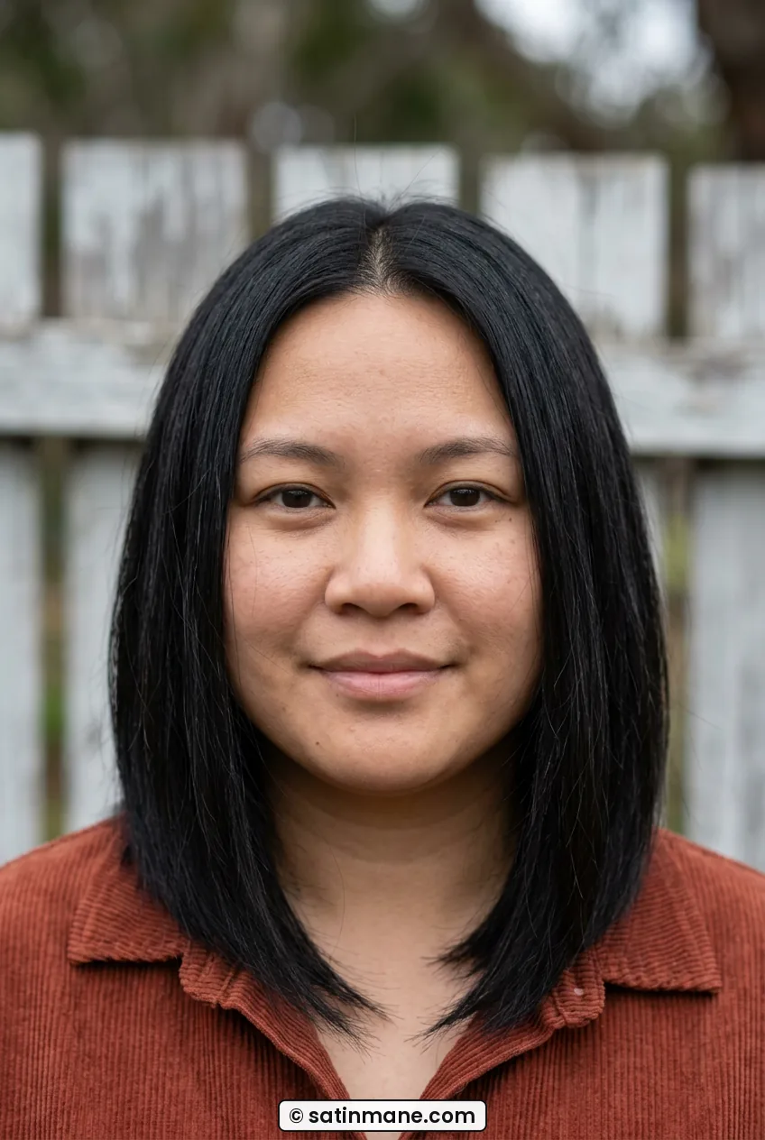 Woman with angled medium lob with front pieces hitting below chin outdoors