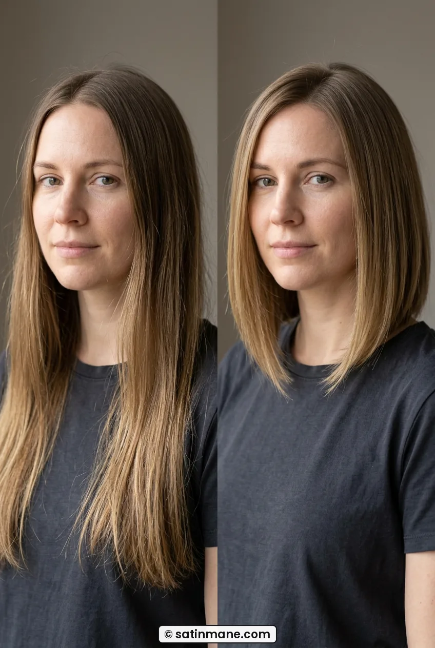 Woman with below-chin lob showing longer front pieces framing jawline from side angle
