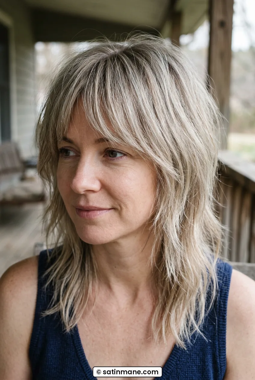 Woman with blended wolf shag where fringe flows into cheek layers