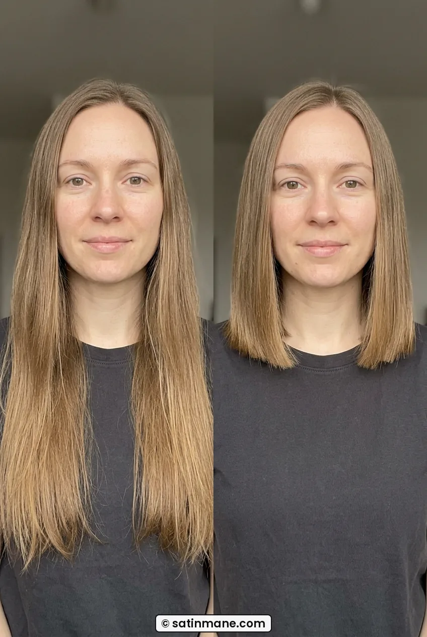 Woman with blunt collarbone bob showing thick clean hemline on fine straight hair