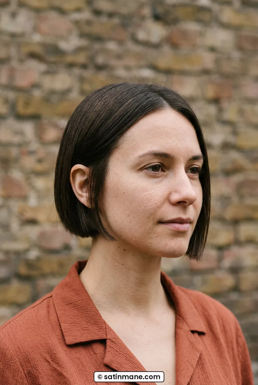 Woman with blunt ear-length micro bob tucked on one side in daylight