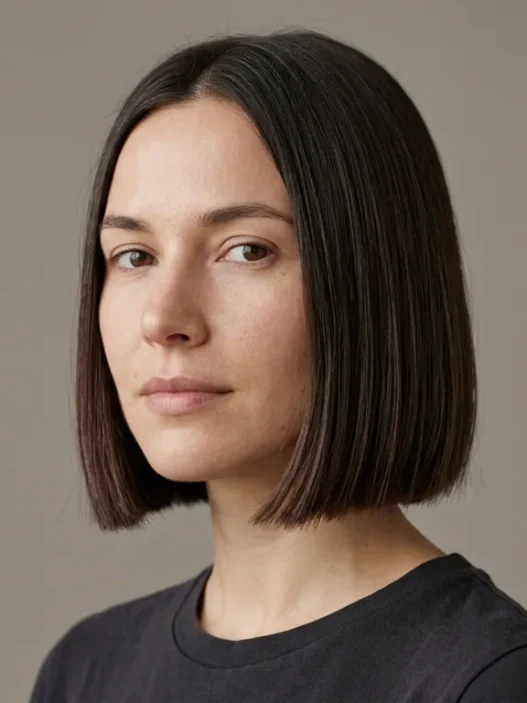 Woman with neat chin length bob with blunt ends in studio light