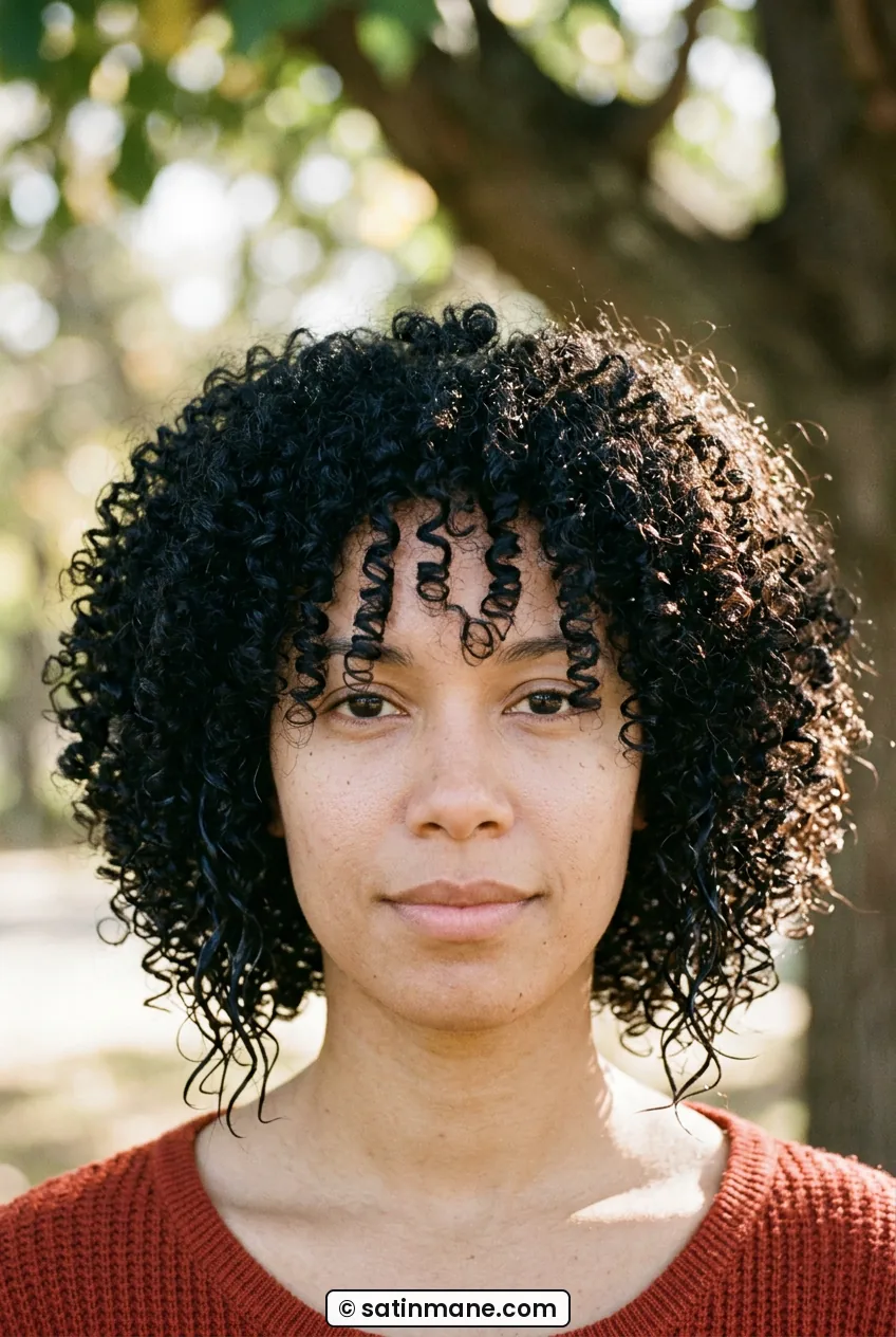 Woman with chin length black curly bob with defined corkscrew curls