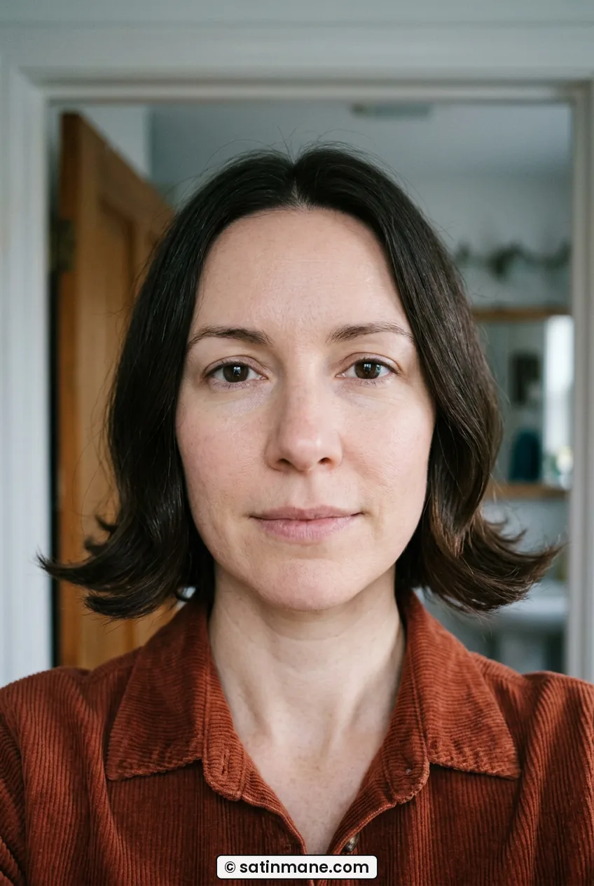 Front view of woman with damp chin-length hair flipping out below ears in daylight