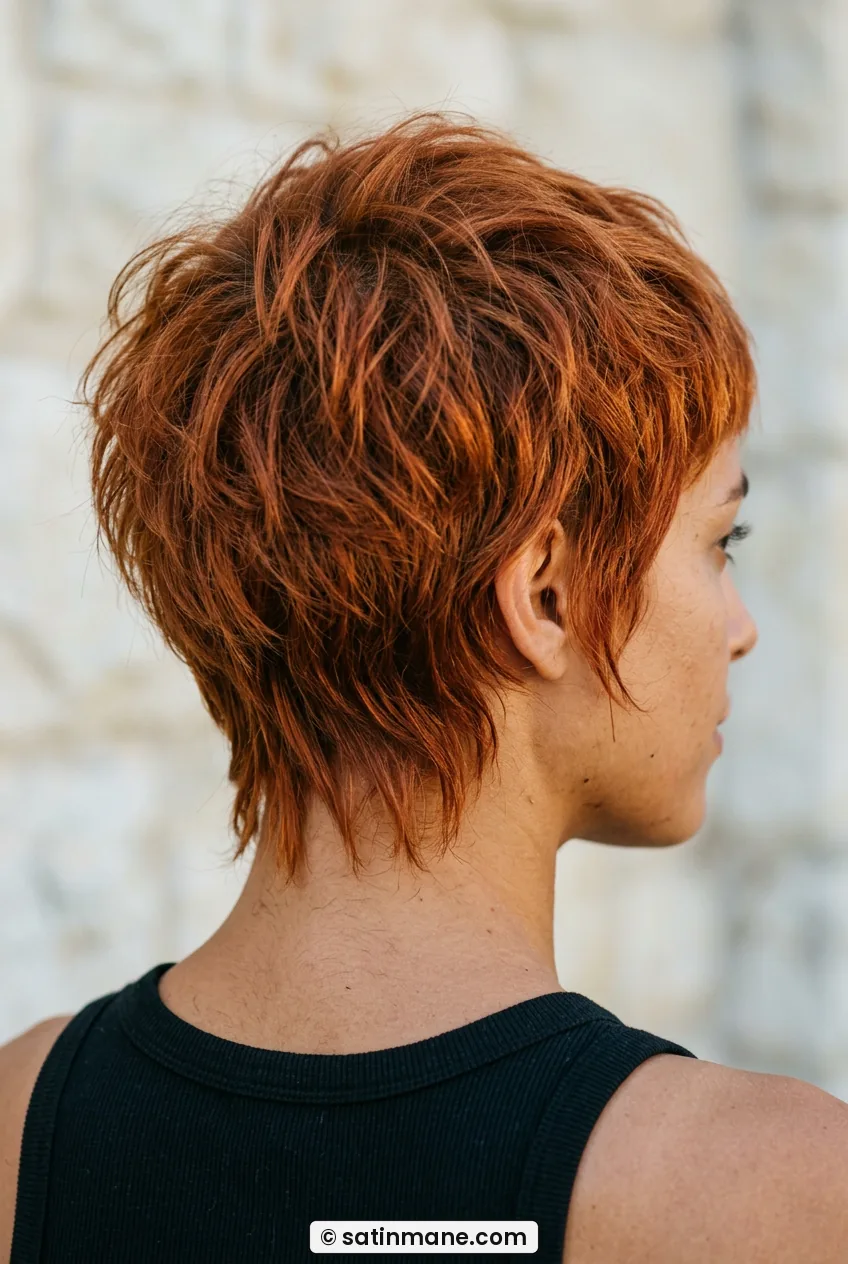 Woman with copper textured pixie showing piece-y broken nape from side back view