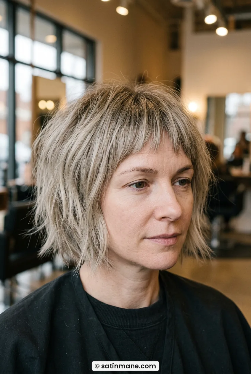 Woman with thick lip length micro bob with choppy piecey ends close portrait