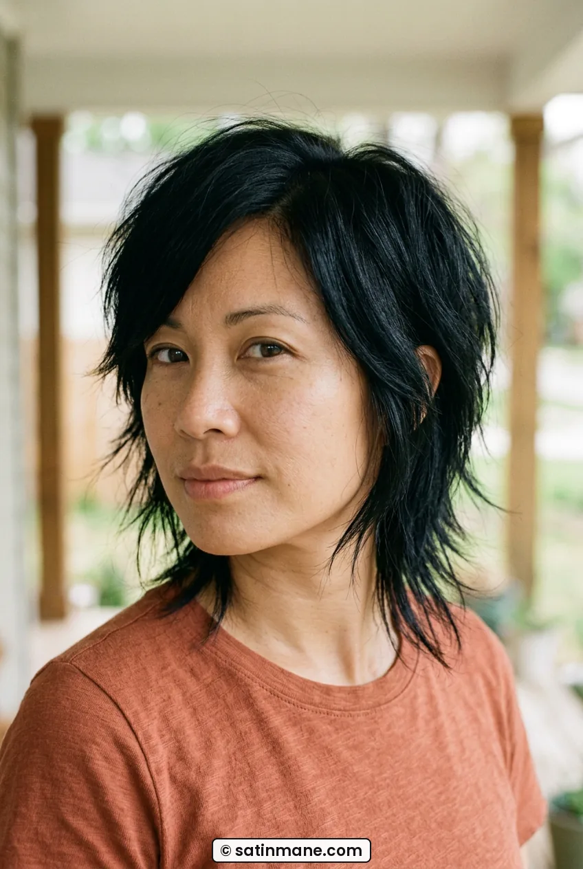 Woman with choppy short shag and side part in chest-up porch portrait