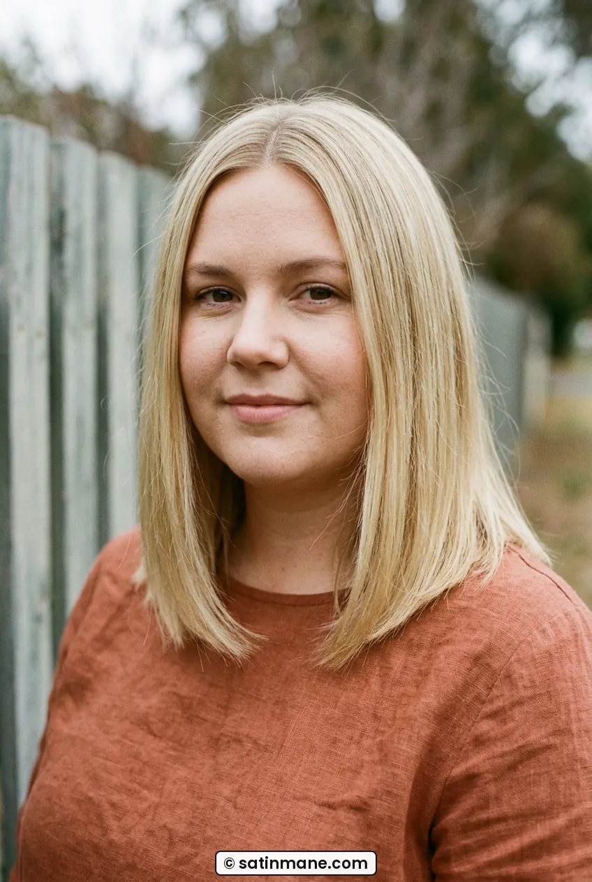 Woman with clean one-length lob and middle part showing fullness below chin