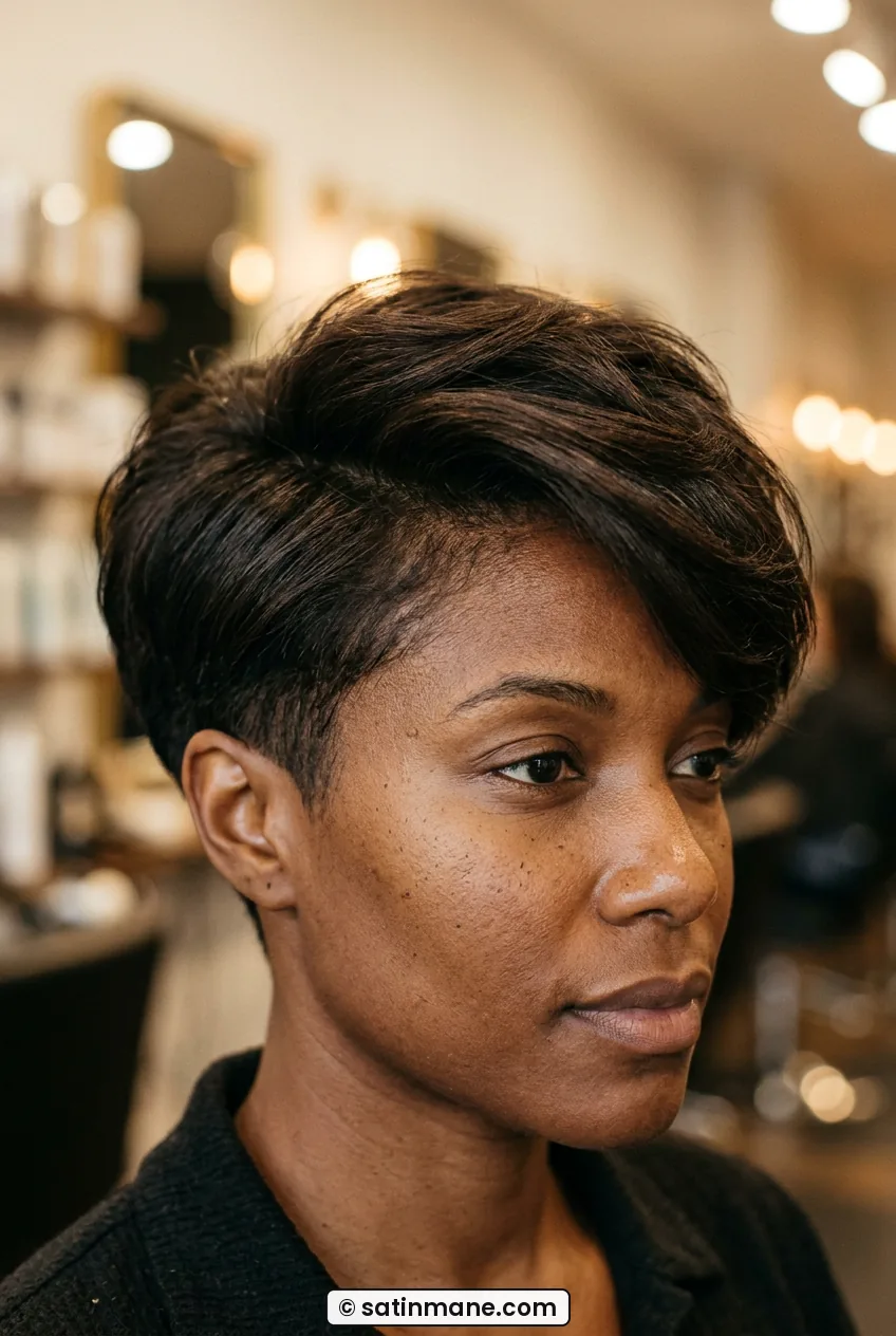 Woman with thick pixie bob with clippered sides and longer top swept over