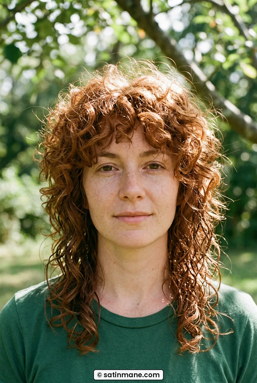 Woman with collarbone dry curly wolf cut and voluminous crown