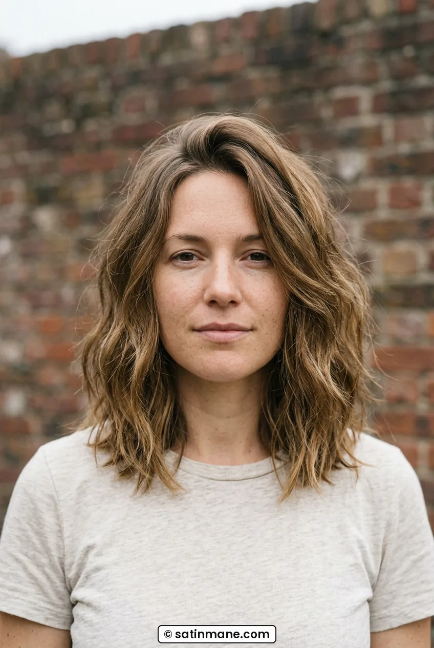 Woman facing forward with collarbone-length textured lob showing natural bend