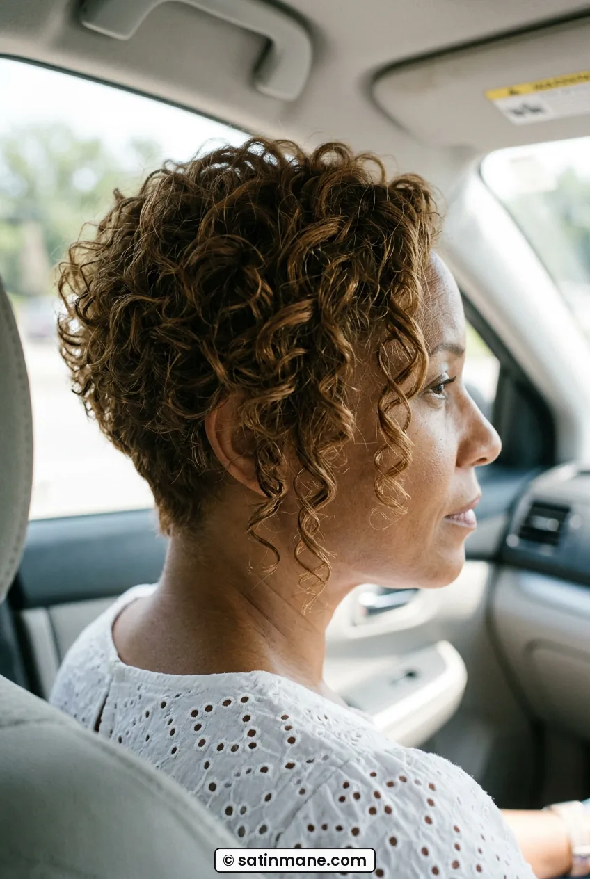 Woman with short curly pixie bob with longer spirals past jaw