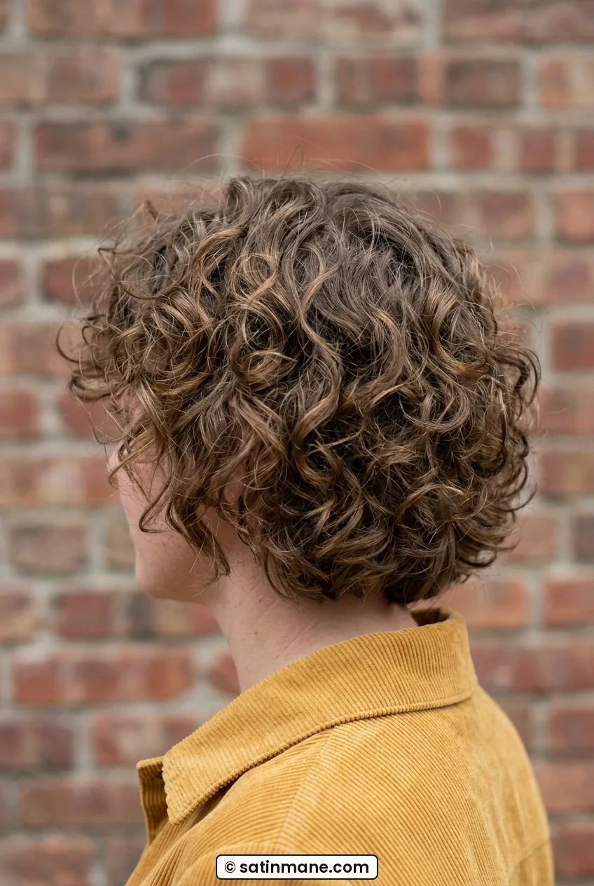 Woman seen over shoulder showing rounded short curly shag shape outdoors