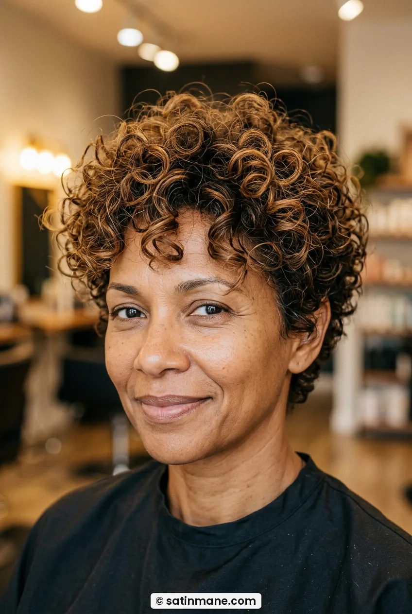 Woman with thick short curly pixie with defined curls on top in salon