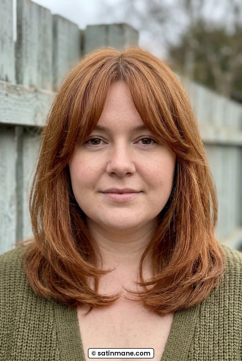 Woman with curtain fringe and medium copper hair with low fullness below chin
